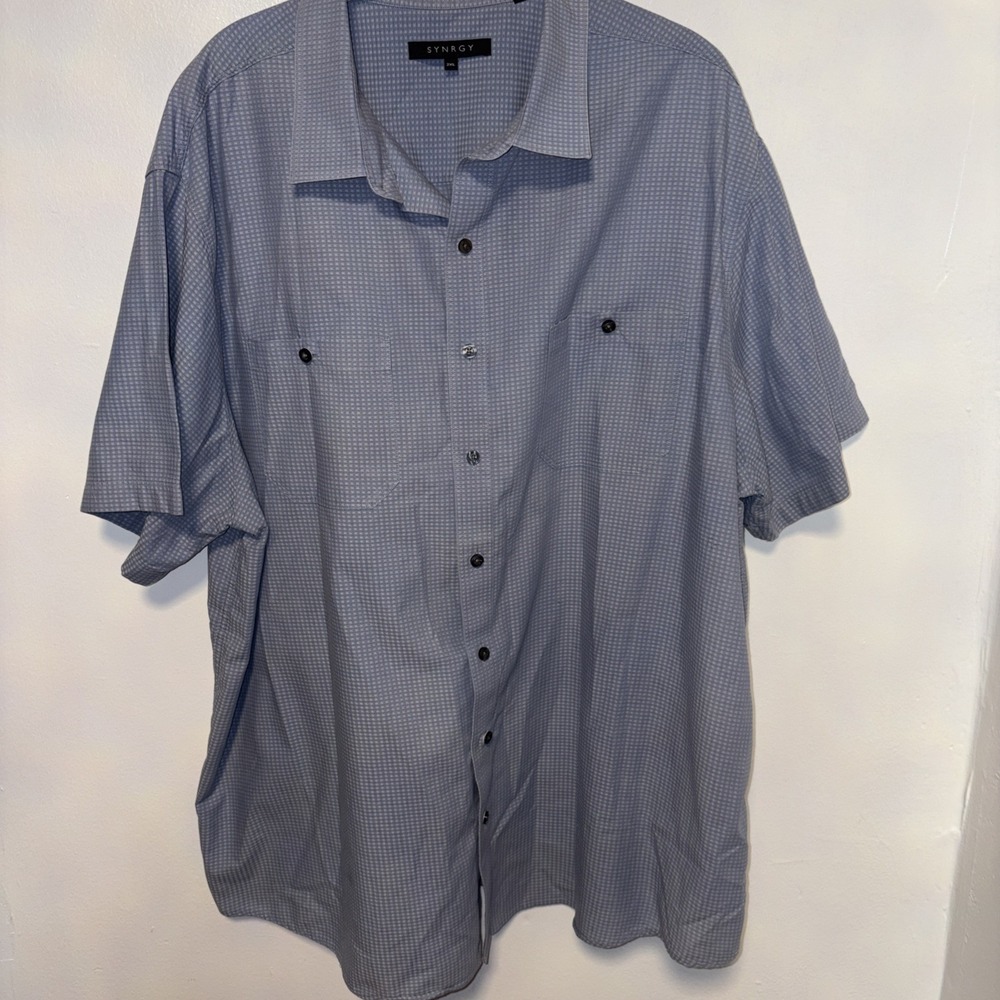 SYNRGY‎ Shirt Mens 2XLT Blue Geometric Short Sleeve Button Up Slim Fit Casual